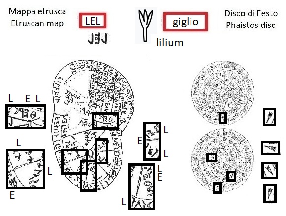 LEL nella mappa etrusca (LEL in the Etruscan liver map) e segno giglio lilium nel disco di Festo (lily sign in the Phaistos Disc)