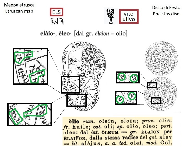 ELS nella mappa etrusca (ELS in the Etruscan liver map) e segno vite olivo ulivo nel disco di Festo (vines olive sign in the Phaistos Disc)