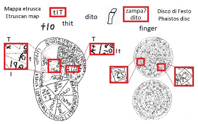 tIT thit nella mappa etrusca (tIT thit in the Etruscan liver map) e segno zampa dito nel disco di Festo (leg finger sign in the Phaistos Disc)