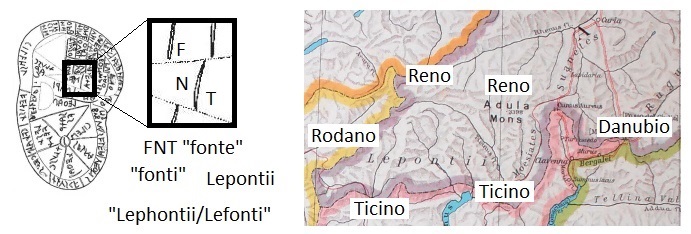 La fonte dei quattro fiumi Rodano, Reno, Danubio e Ticino nella mappa etrusca (in the Etruscan map)
