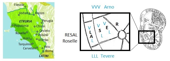 Roselle (Rusel, Rusellae) nella mappa etrusca (in the Etruscan map)