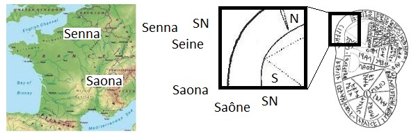 Senna (Seine) e Saona (Saone) nella mappa etrusca (in the Etruscan map)