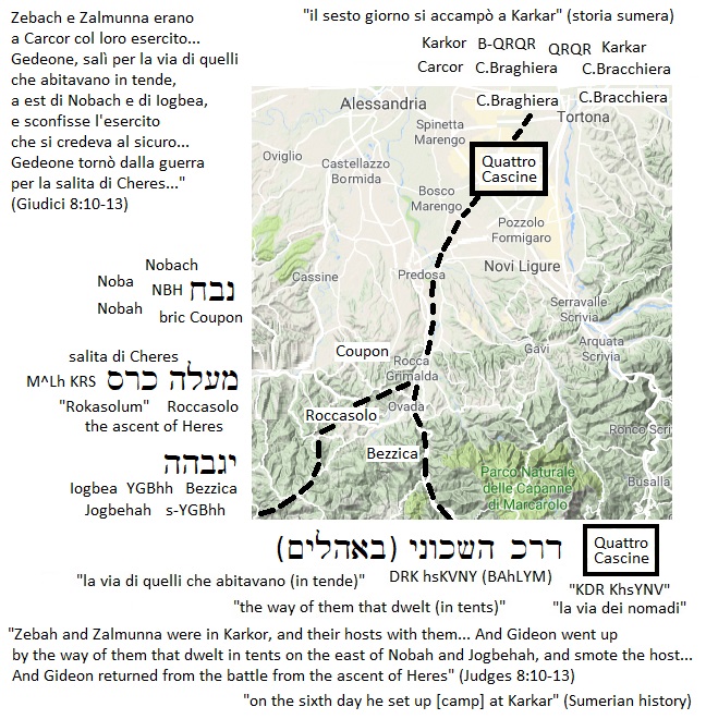 La via dei nomadi (dal torrente Stura a Tortona), Nobach/Nobah (bric Coupon), Iogbea/Jogbehah (Bezzica), la salita di Cheres/Keres (Roccasolo)