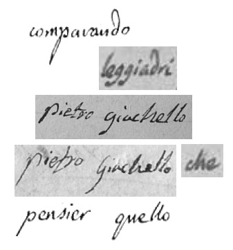 la scrittura giovanile di Giacomo Leopardi a confronto con la firma dell'anziano Pietro Giachello/Giacchello